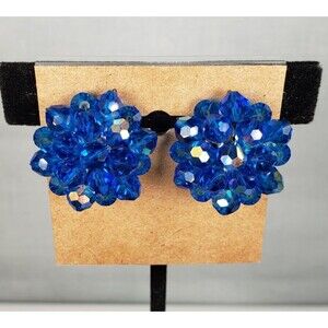 Vintage 1950's Navy Blue AB Crystal Cluster Clip On Earrings